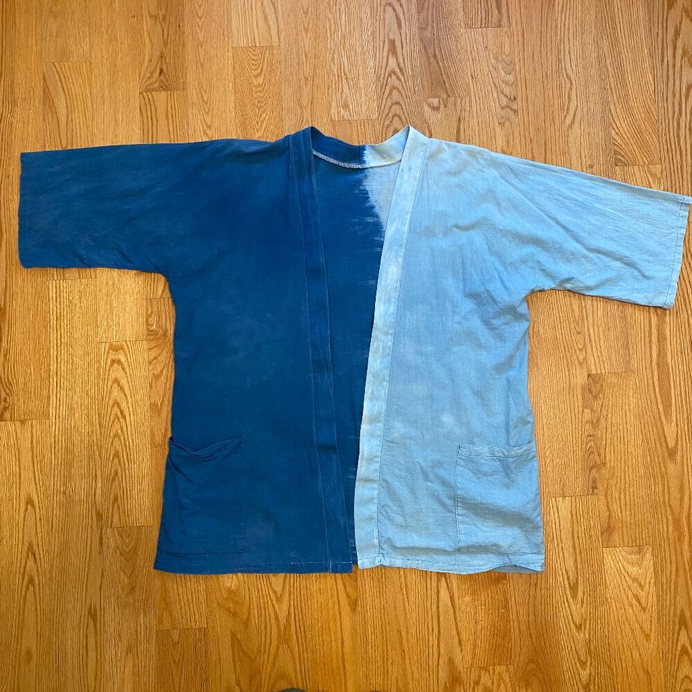 Indigo dye two-toned cotton kimono with pockets tie dye handmade